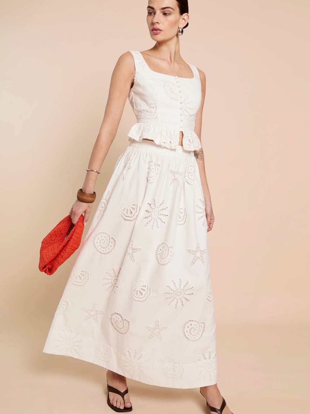 White Eyelet Maxi Skirt with Embroidered Motifs - Women